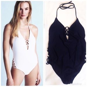 EXPRESS Black Halter Lace Up One Piece Swimsuit